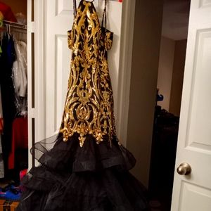Rachel Allan Black and Gold Prom Dress